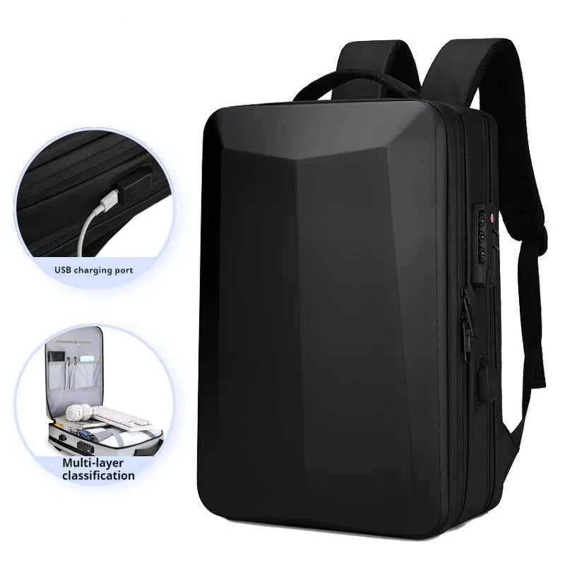 Black waterproof business backpack with structured ABS PC frame and curved shoulder straps
