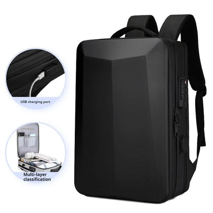 Black waterproof business backpack with structured ABS PC frame and curved shoulder straps