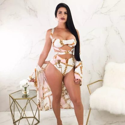 Split high waist bikini swimsuit with open back design in white