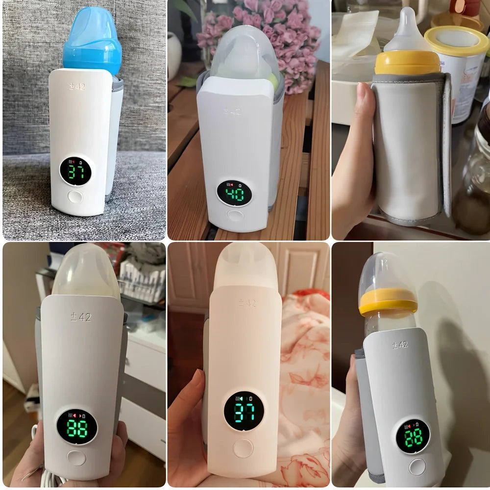 White digital display portable milk warmer with USB charger showing compact 85mm length design