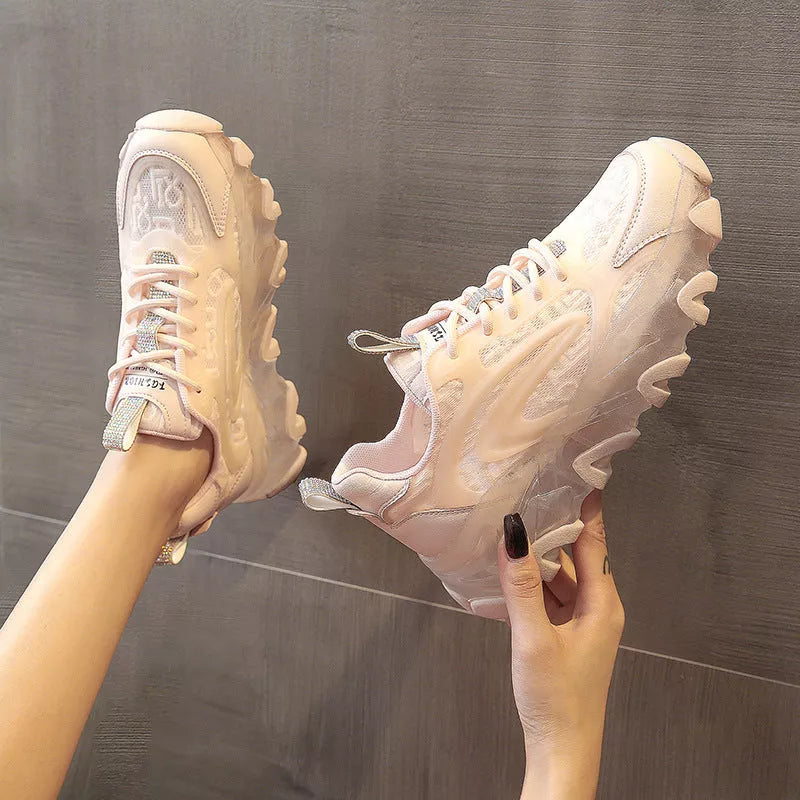 Daddy Shoes Thin Section Breathable White Net Casual Sports Shoes in white and pink