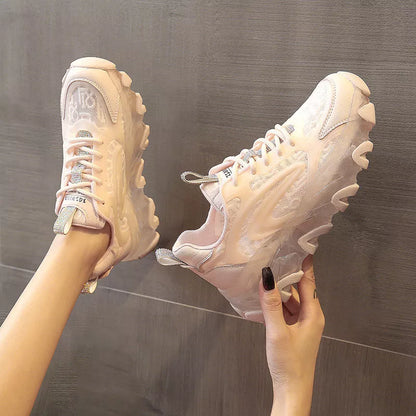 Daddy Shoes Thin Section Breathable White Net Casual Sports Shoes in white and pink