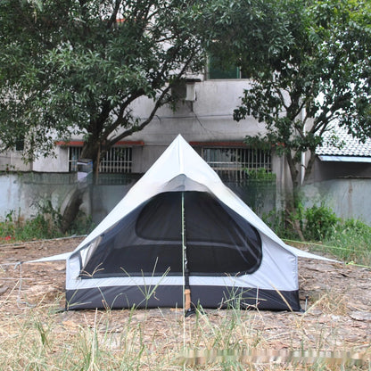 Brown and white portable A-line camping tent set up with hiking poles, showing its spacious interior for 2-3 people.