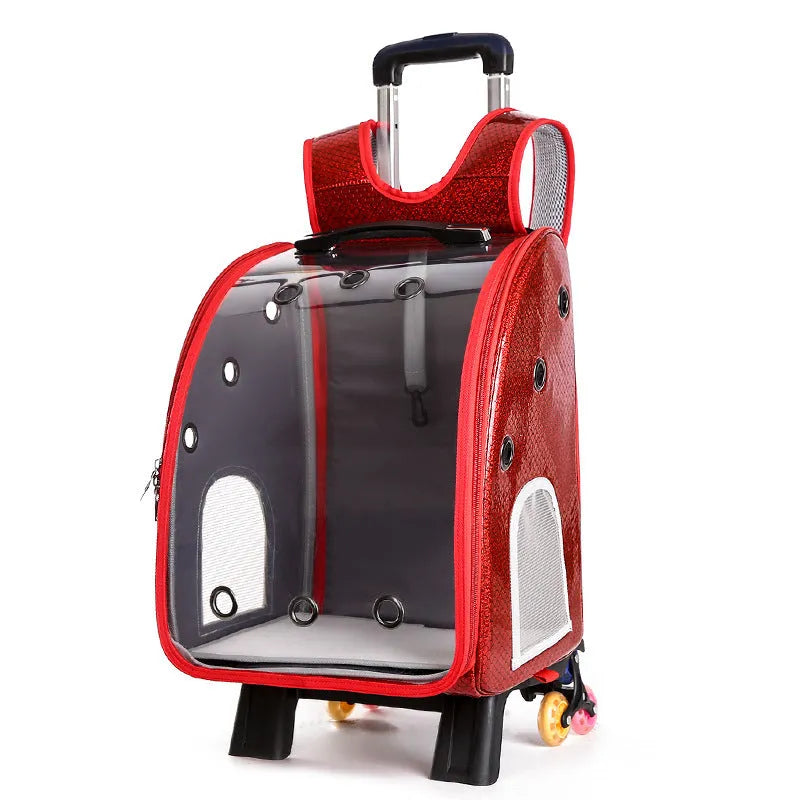 Small dog diaper bag pet trolley transparent folding shoulder carrier with medium and soft pu pc construction suitable for dogs and cats up to 12 Jin featuring Oxford cloth backpack and transparent acrylic cover available in blue pink red or yellow