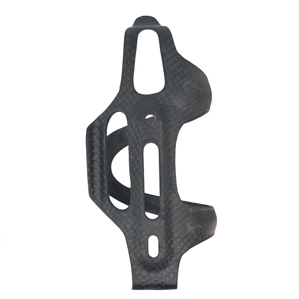 Black carbon fibre side pull water bottle cage for bicycles with 145mm height and 76mm width dimensions