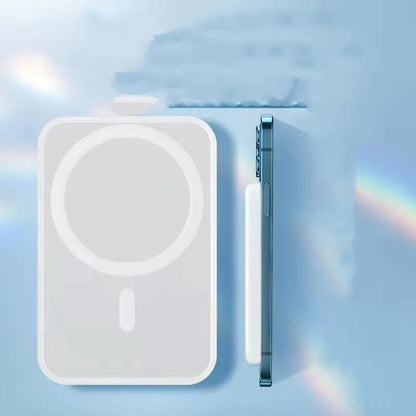 White magnetic wireless charging power bank with 5000mAh capacity and creative design