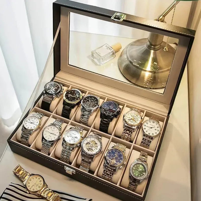Grey high-grade leather watch storage box with transparent lid showing multiple watch compartments.