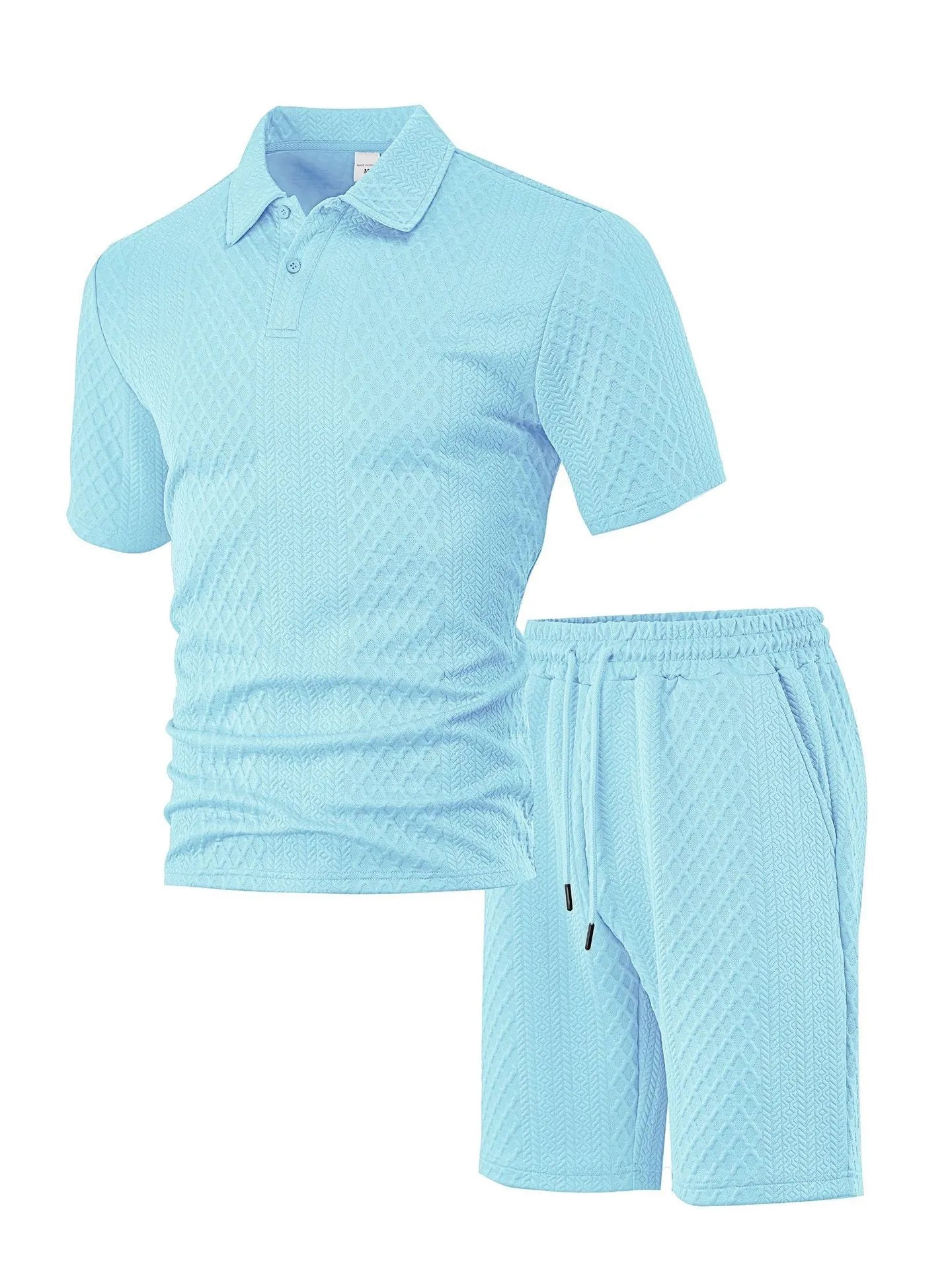 Men's patterned cloth casual suit set with short sleeve polo top and trousers on a hanger.