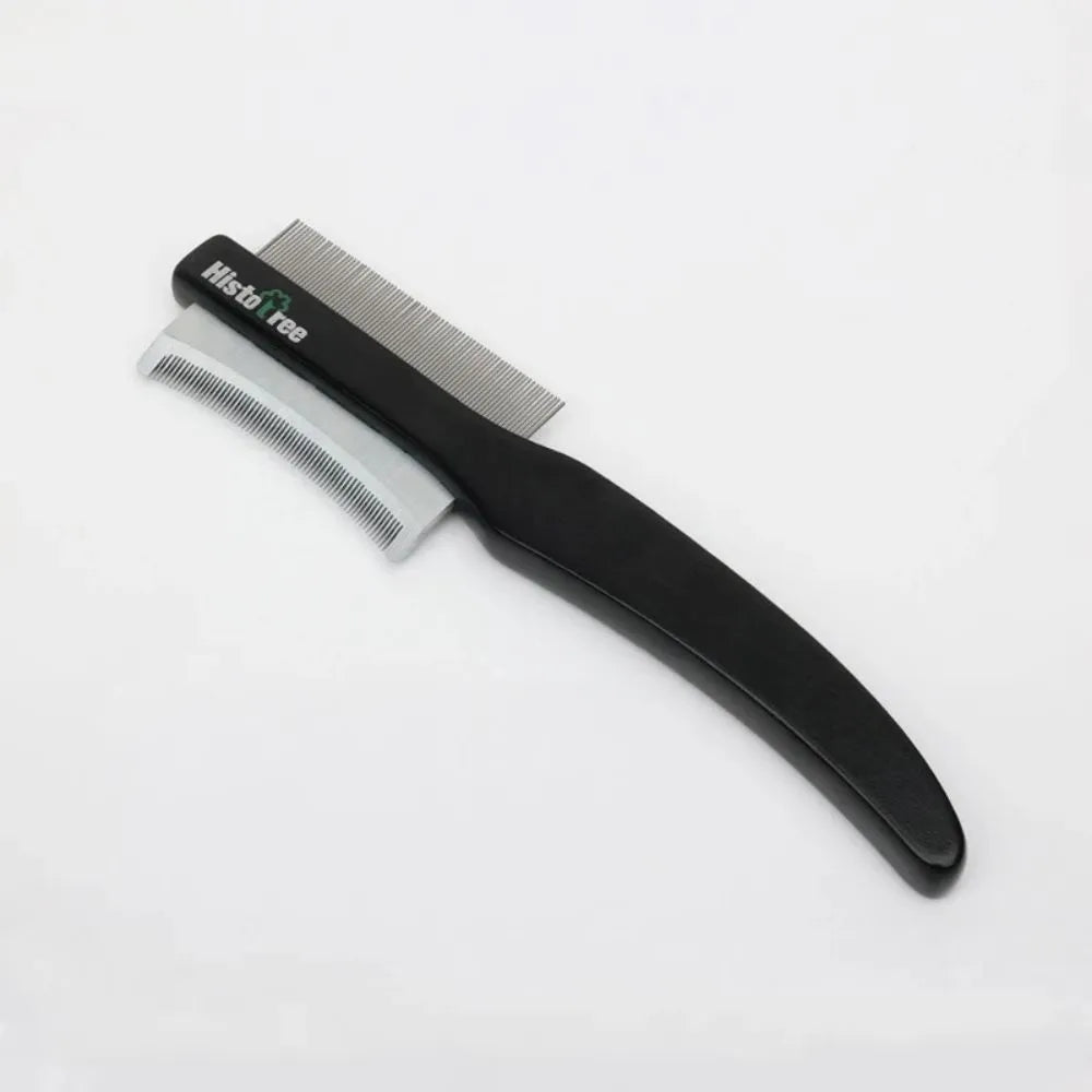 Black double-sided pet hair comb with wood handle and stainless steel teeth for cat and dog grooming