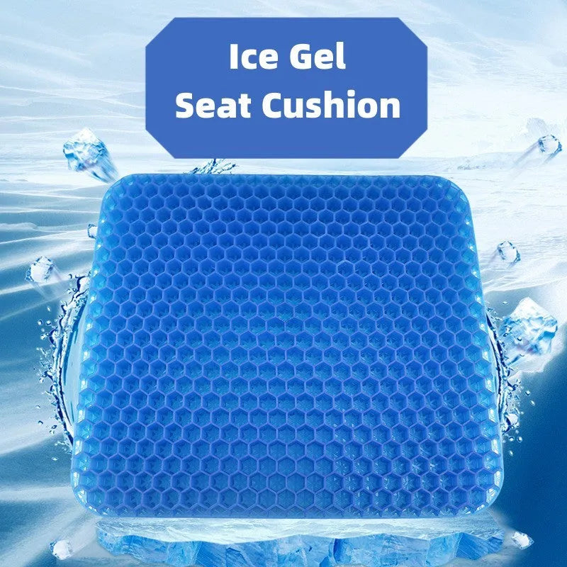 Gel seat cushion with honeycomb pattern showing 24.5cm by 17.5cm dimensions and removable PVC cover