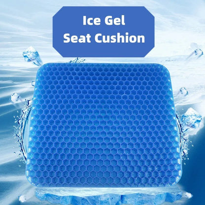Gel seat cushion with honeycomb pattern showing 24.5cm by 17.5cm dimensions and removable PVC cover
