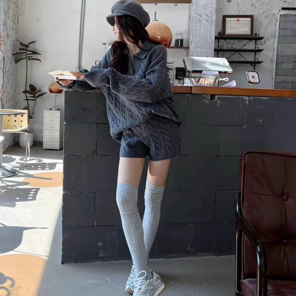 Women's knitted suit set with geometric pattern, elastic waist shorts, and sweater in black, gray, or creamy-white