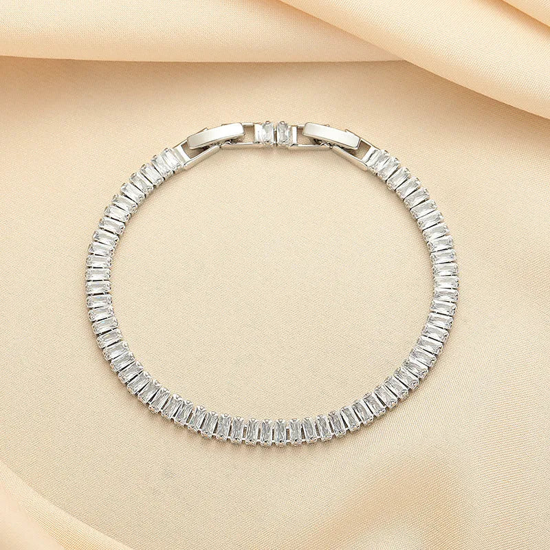 Rectangular geometric brass bracelet with inlaid zircon stones in champagne gold or silver colour
