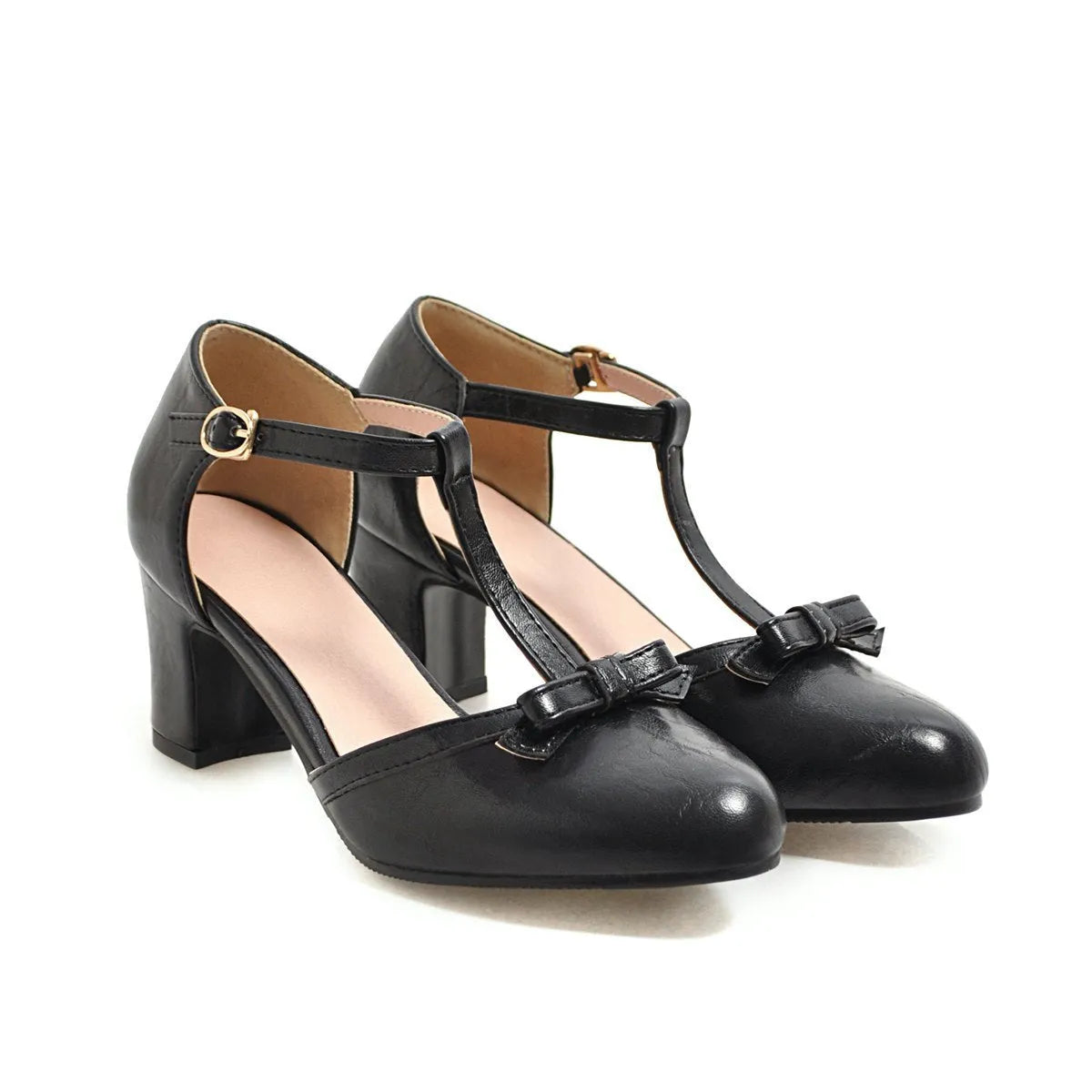 Women's chunky heel sandals with bow detail and adjustable buckle strap in solid colour