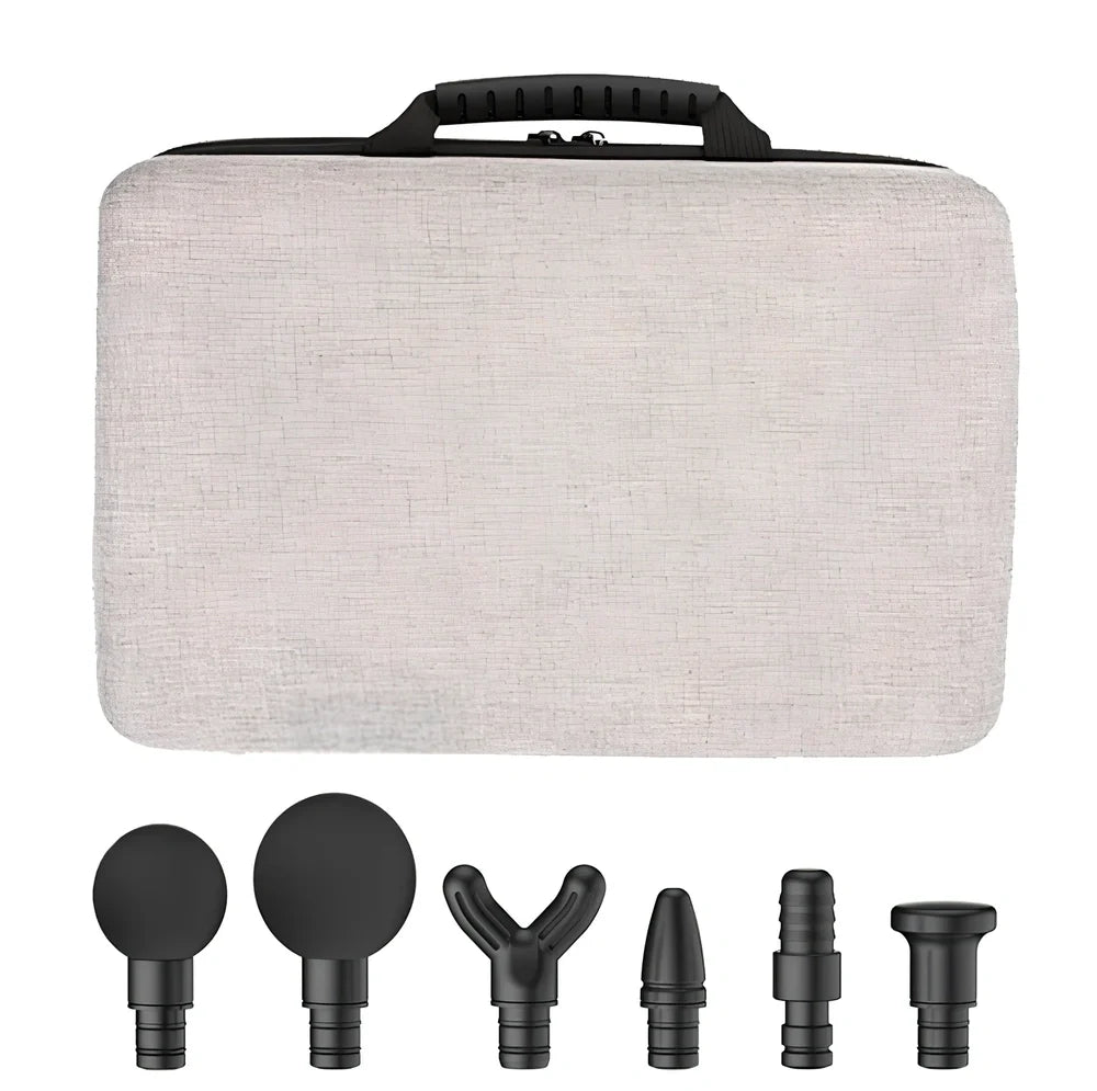 Metallic grey fascia gun with six massage heads in portable luggage case