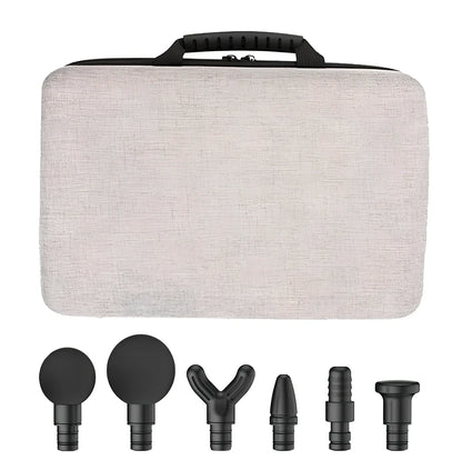 Metallic grey fascia gun with six massage heads in portable luggage case
