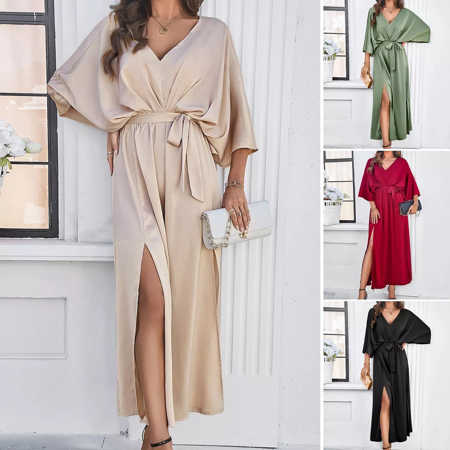 Long-sleeved V-neck dress with bat sleeves and split design in champagne, green, wine red, or black