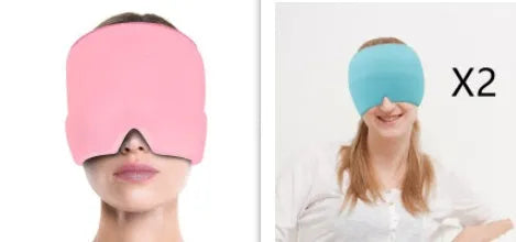 Black elastic gel headache relief mask laid flat showing eye contours and adjustable headband.