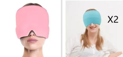 Black elastic cooling gel eye mask for headache relief placed on a forehead.