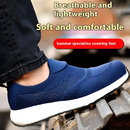 Men's lightweight steel toe work shoes with mesh upper in black blue red colours