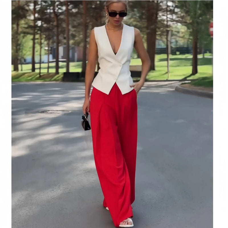 Women's Sleeveless Deep V-Neck Top and High Waist Wide Leg Pants Two-Piece Set in Polyester A517 Beige - Asian Size S M L XL XXL for Formal or Casual Outfits with Trousers Length