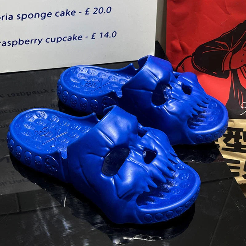 Spooky skull-printed slide sandals in various colors and sizes