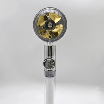 High-performance water-saving shower head with 360-degree rotation and fan feature, offering a luxurious shower experience
