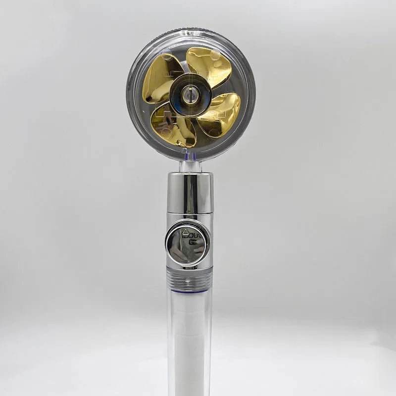 Chrome-finished ABS plastic water-saving shower head with a round, rotating spray head.