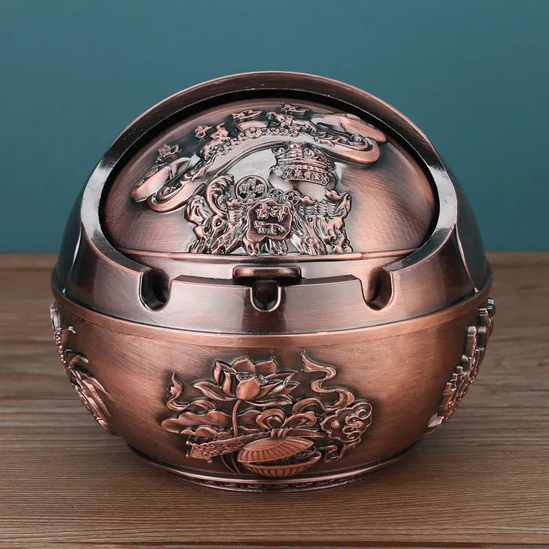 Alloy ashtray with smoke extinguishing slot in bronze finish, featuring Dragon and Phoenix motif, S size