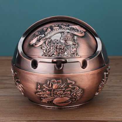 Alloy ashtray with smoke extinguishing slot in bronze finish, featuring Dragon and Phoenix motif, S size