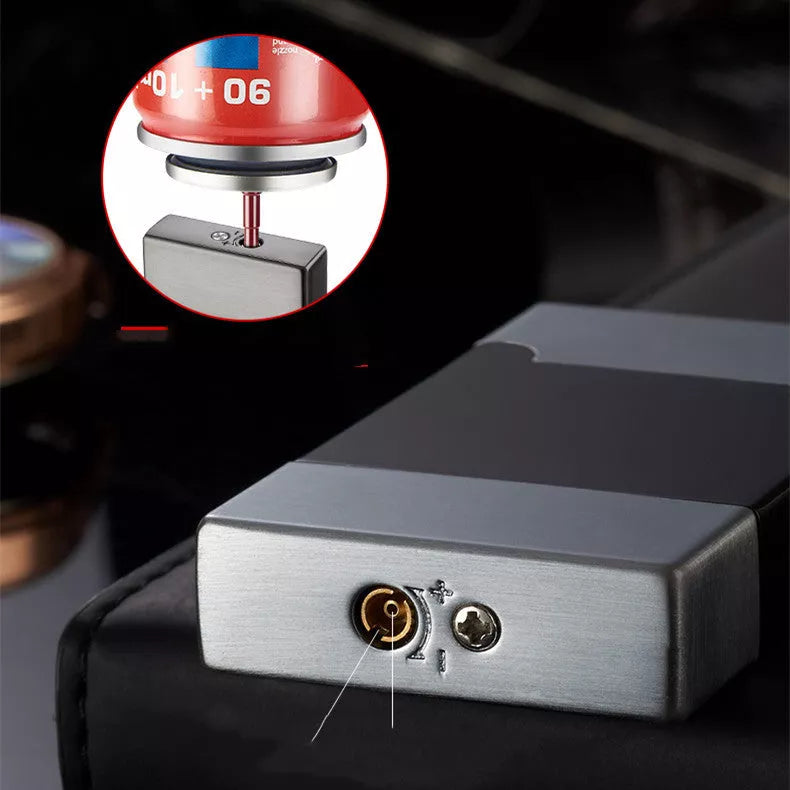 Metal Steel Windproof Gas Lighter in black brushed, gold brushed, and bright silver finishes