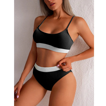 Women's high waist bikini set with push-up top and ribbed design in various colors
