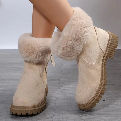 Cozy plush winter boots with side zipper closure, rubber sole, and suede upper in beige and black colors