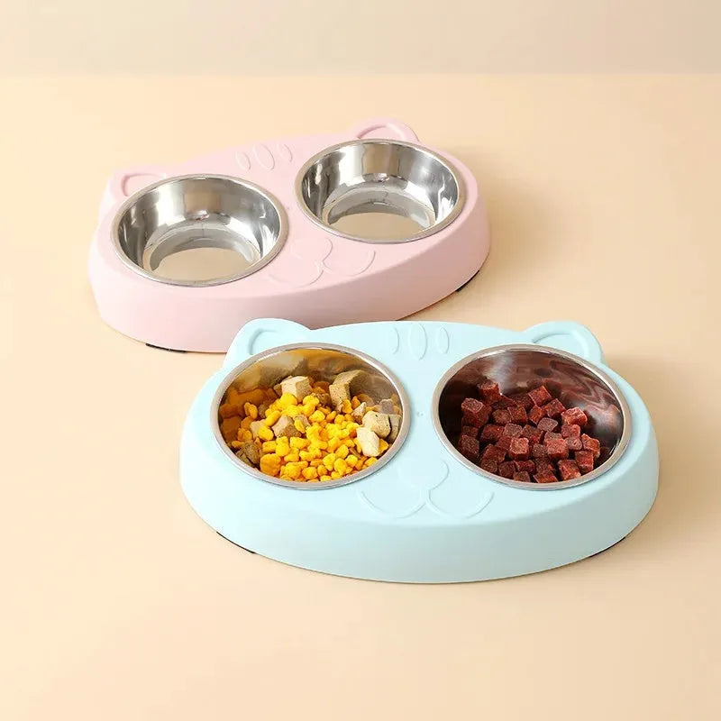 Blue plastic pet feeder tray with two adjacent bowls for cat or dog food and water
