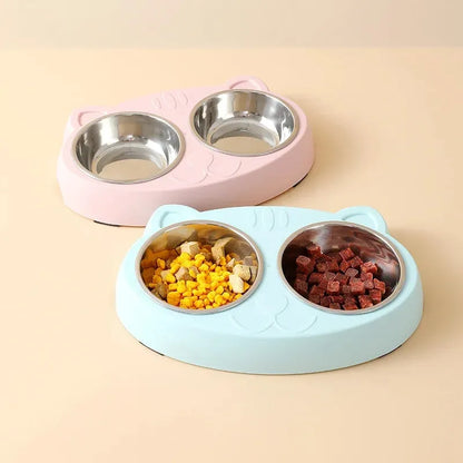 Blue plastic pet feeder tray with two adjacent bowls for cat or dog food and water