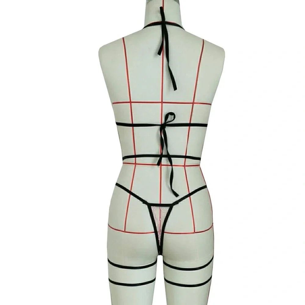 Pink nylon lace lingerie set with adjustable leg straps in three-point design