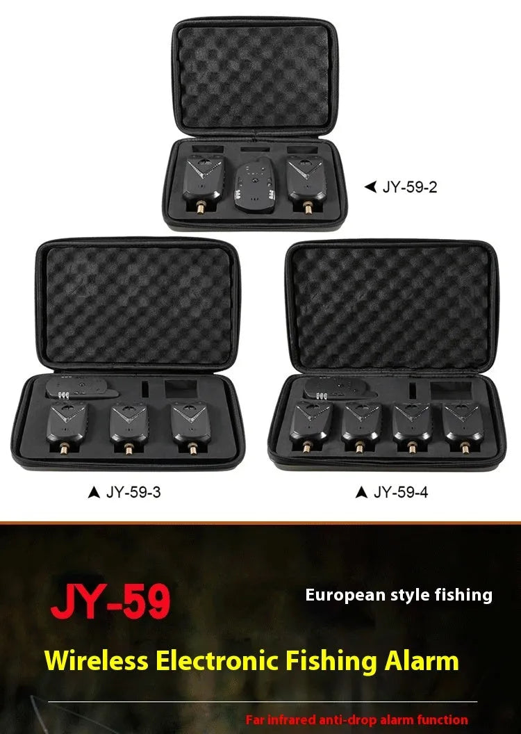 Wireless fishing electronic alarm with ABS plastic housing and remote receiver.