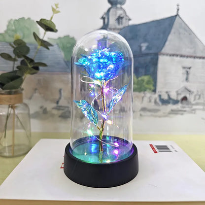 Glass cover small night lamp with plastic flowers, 15cm height, black base, and multiple light colour options