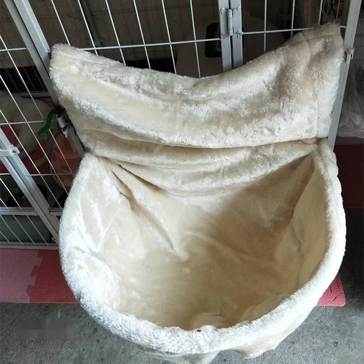 Iron frame cat hammock measuring 40cm, made from grey iron fleece cloth, shown mounted in a cage.