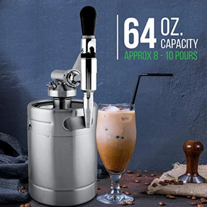 Stainless steel nitrogen coffee barrel with manual infusion system and natural finish