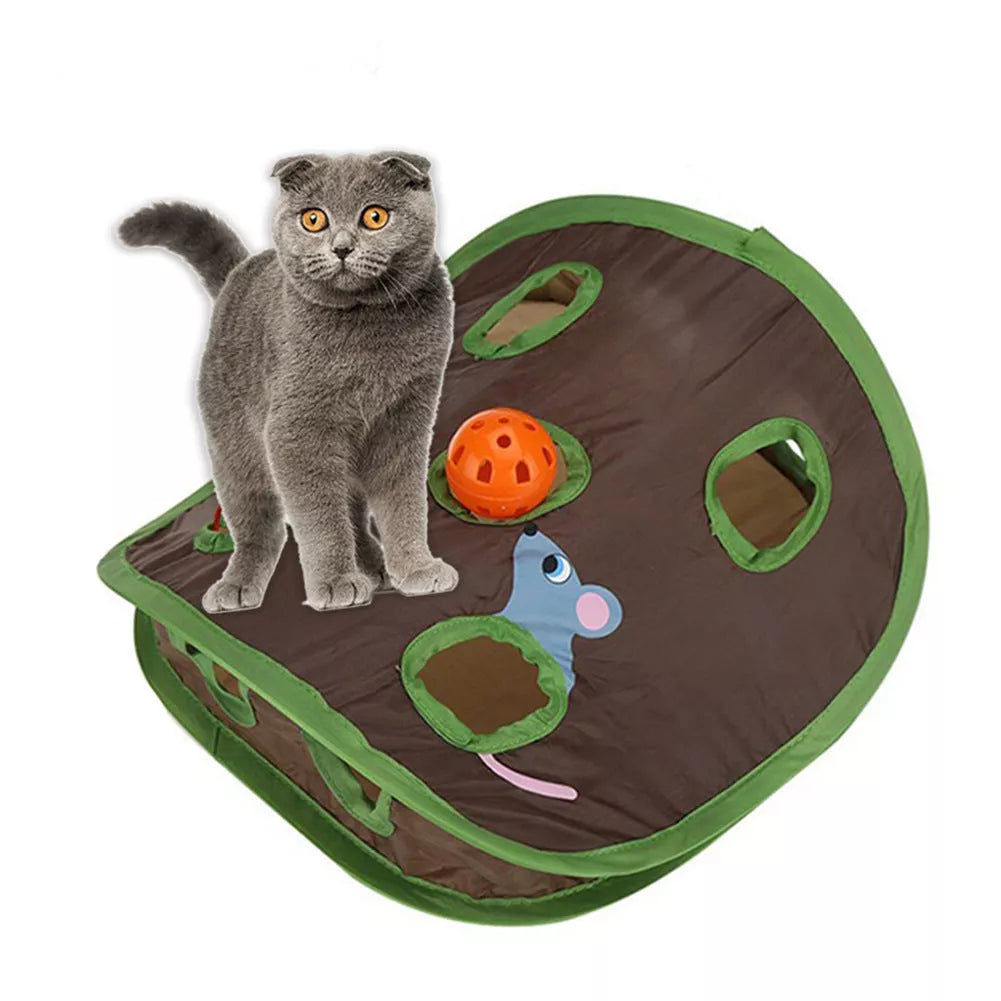 Interactive cat toy with nine holes for hide and seek games, includes ball and mouse