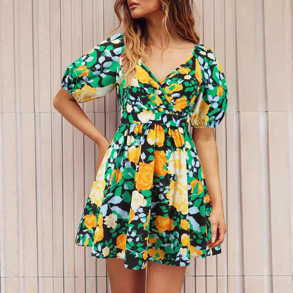 Floral lantern sleeve dress in various vibrant colors, perfect for summer vacations and beach activities