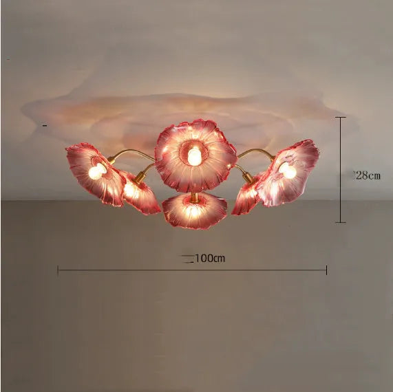 Creative flower lamp with five purple heads and adjustable tricolour, warm, or white light settings for ceiling mounting