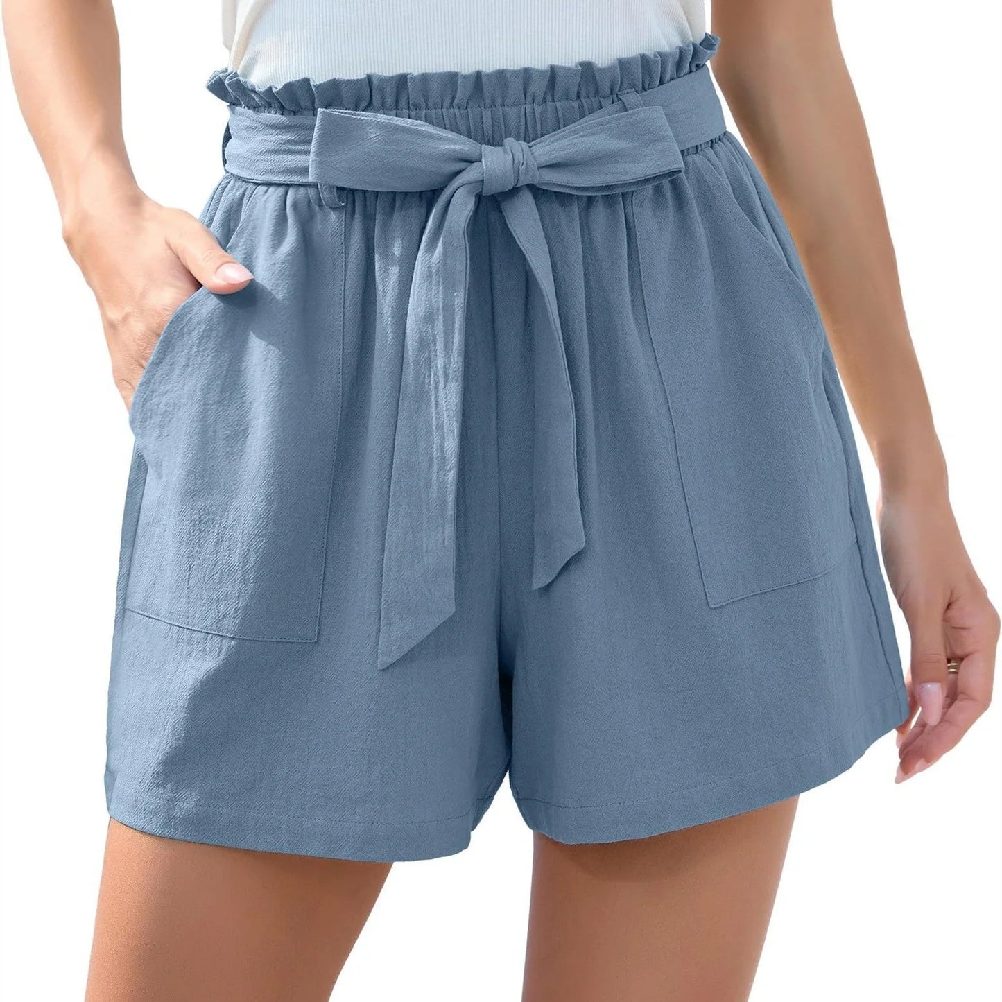 Women's summer beach shorts with ruffle bow waist tie and pockets in various colors