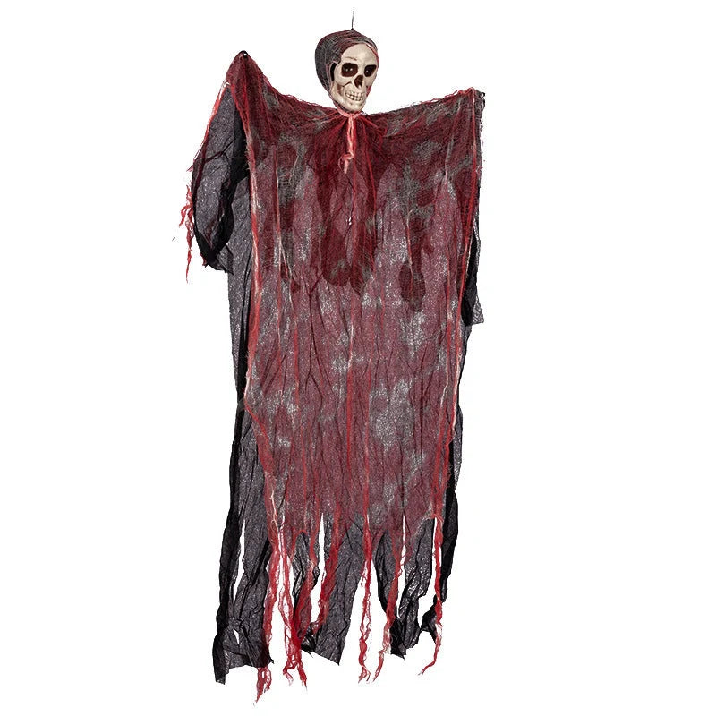 Halloween hanging ghost pendant with blood-dyed skull and wavy cloth for scary decor