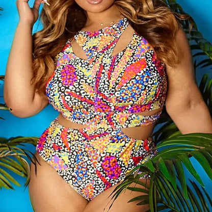 Plus size ethnic print one-piece swimsuit with high elasticity fabric