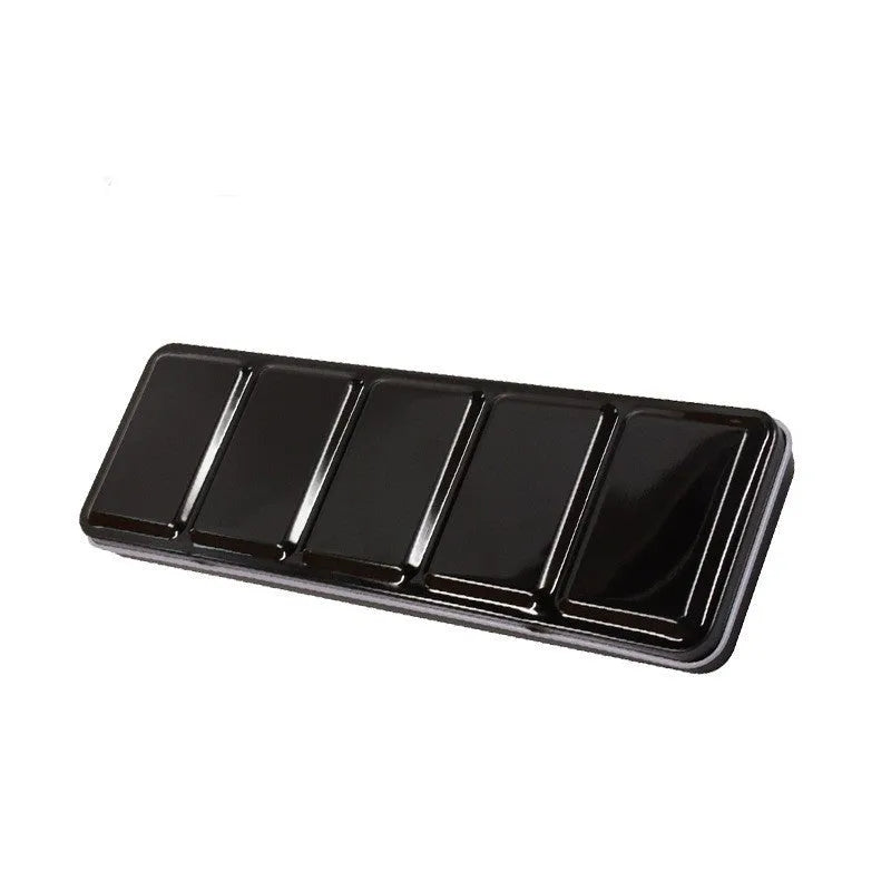 Tinplate solid watercolour paint box in square shape with folding lid, shown in three size options.
