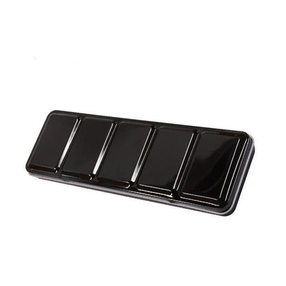 Tinplate solid watercolour paint box in square shape with folding lid, shown in three size options.
