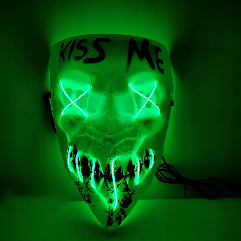 Multicolor luminous Halloween mask with adjustable glow, plastic construction in blue, green, and red options for festivals