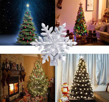 3D Glitter Silver Snow Christmas Tree Topper with LED Snowflake Projector illuminating a room with festive patterns